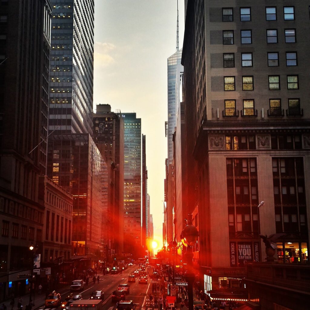 city streets at sunset